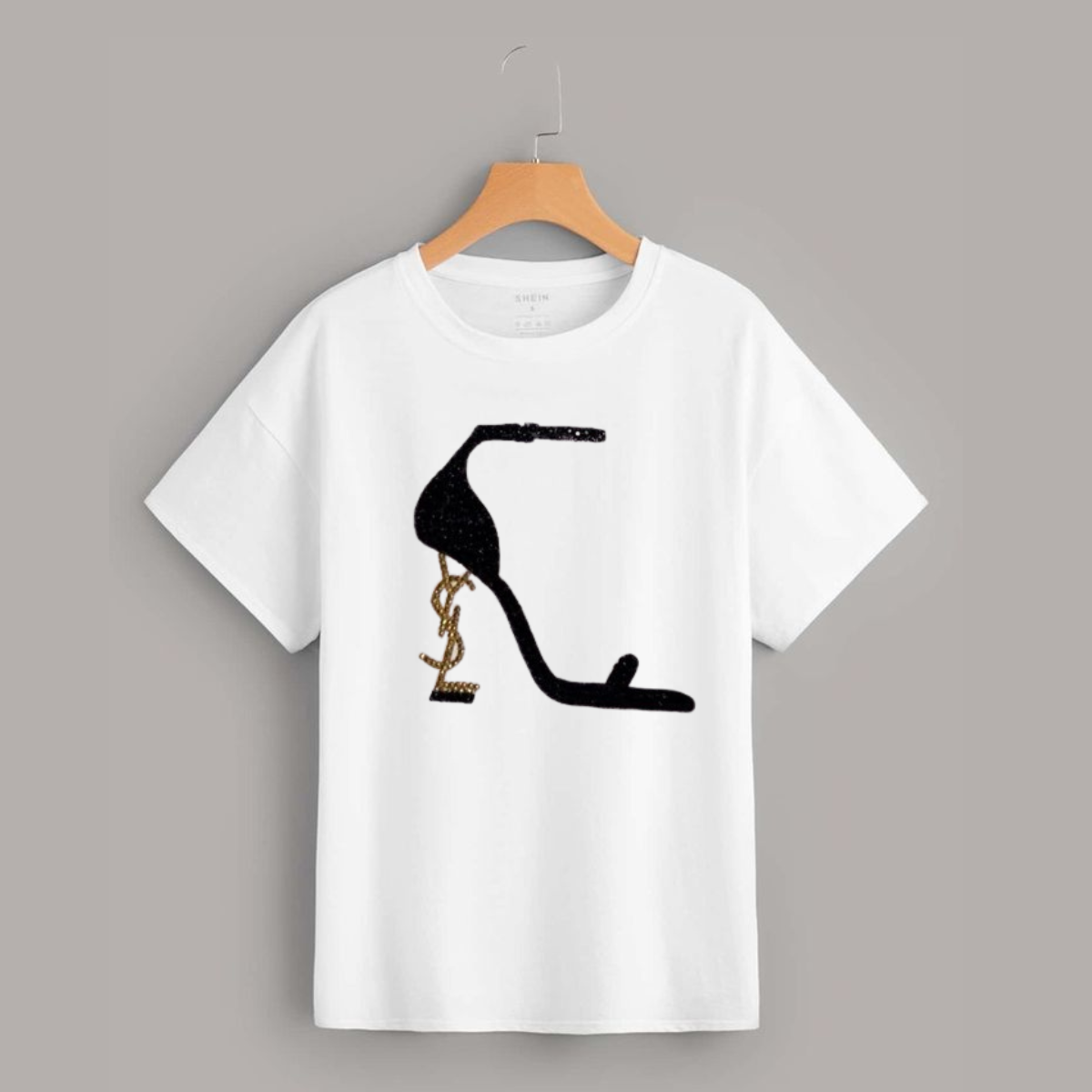 YSL Elegance – White Shirt with Black & Golden Diamond Stones