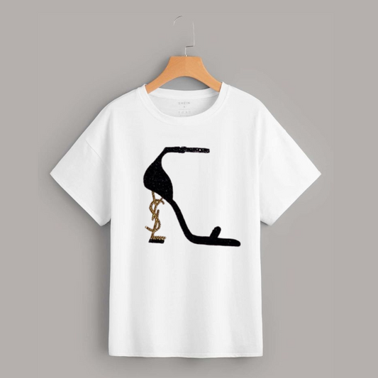 YSL Elegance – White Shirt with Black & Golden Diamond Stones
