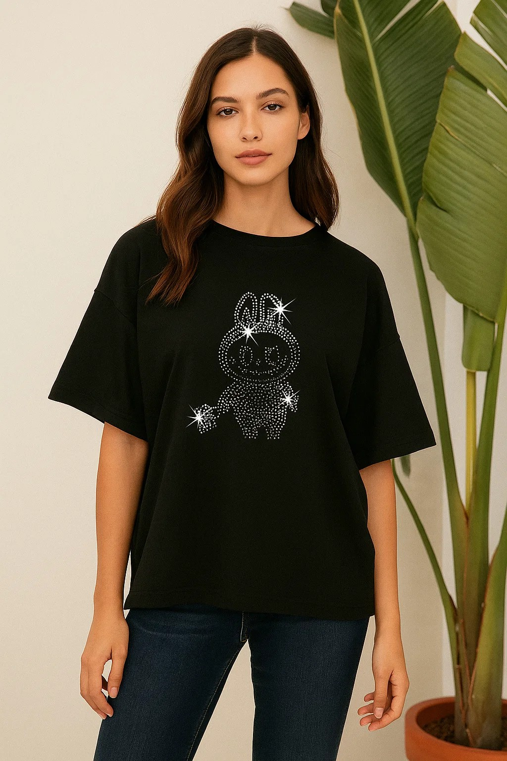 Labubu Sparkle – Diamond Stone Drop-Shoulder Shirt