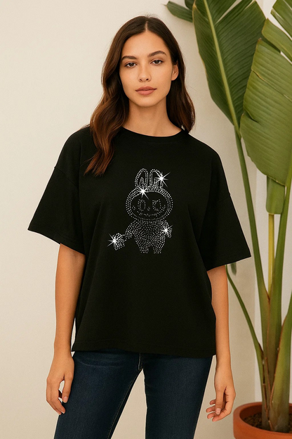 Labubu Sparkle – Diamond Stone Drop-Shoulder Shirt