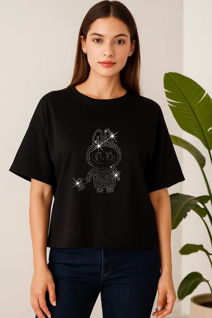 Labubu Sparkle – Diamond Stone Drop-Shoulder Shirt